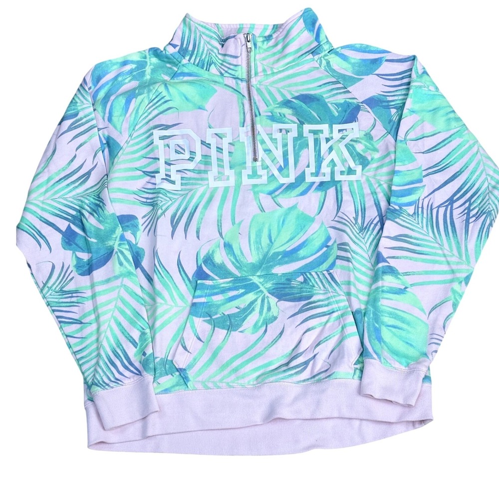 PINK Tropical Palm Quarter Zip Pullover Women Size S